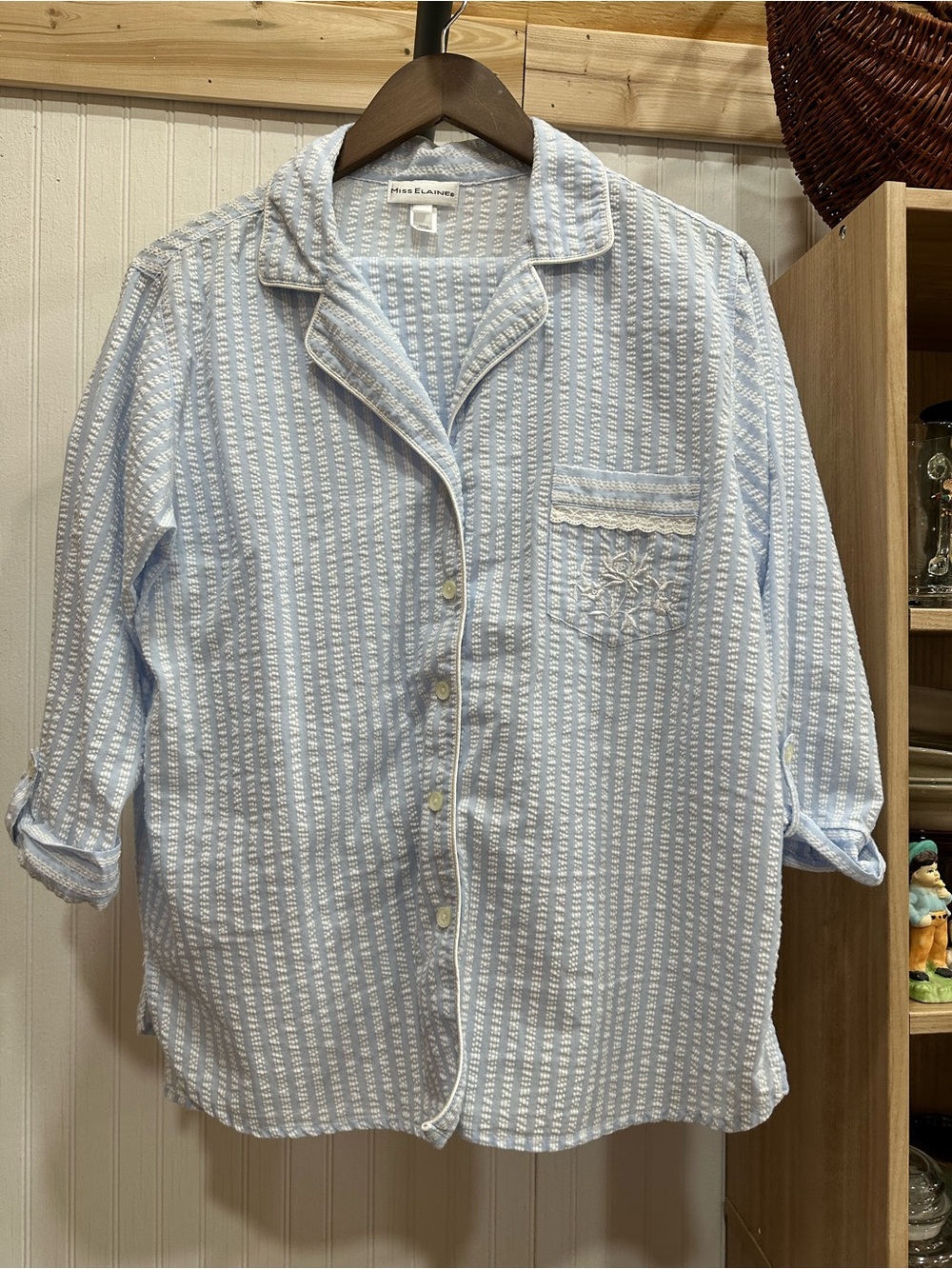 Miss Elaine Light Blue and White Striped Pajama Top